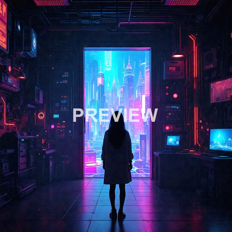 A person standing inside a dark room filled with electronic equipment, looking out through a large doorway at a futuristic cityscape with towering neon-lit skyscrapers.